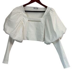 ZARA White Puff Long Sleeve Cut Out Square Neck Crop Top Size S